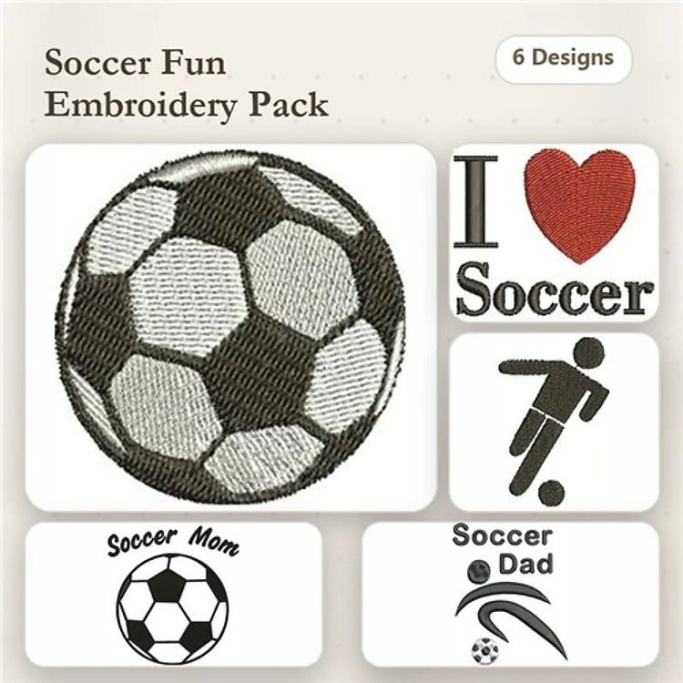 Soccer-themed Embroidery Designs Bundle – Soccer Ball, I Love Soccer, Soccer Mom & More (6 Designs)