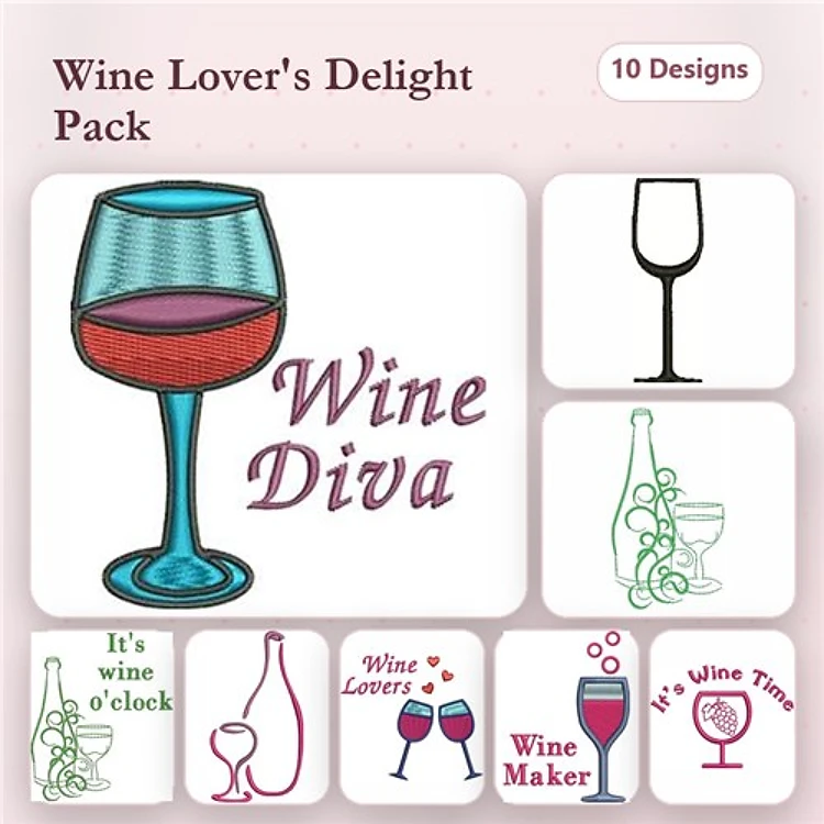 Wine-Themed Embroidery Designs Bundle – Wine Diva, It's Wine O'clock, Wine Bottle & More (10 Designs)