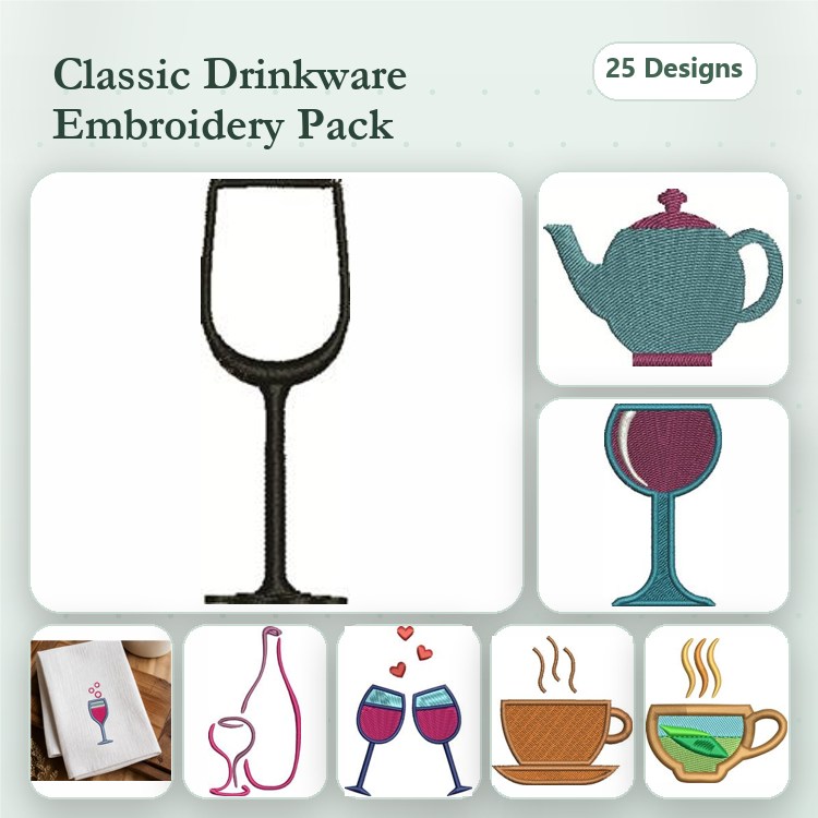 Drinkware and Beverages Embroidery Designs Bundle – Wine Glass, Teapot, Cocktail Glass & More (25 Designs)