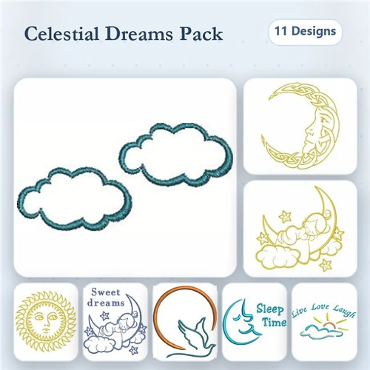 Celestial Themed Embroidery Designs Bundle – Clouds, Sun with Face, Crescent Moon & More (11 Designs)
