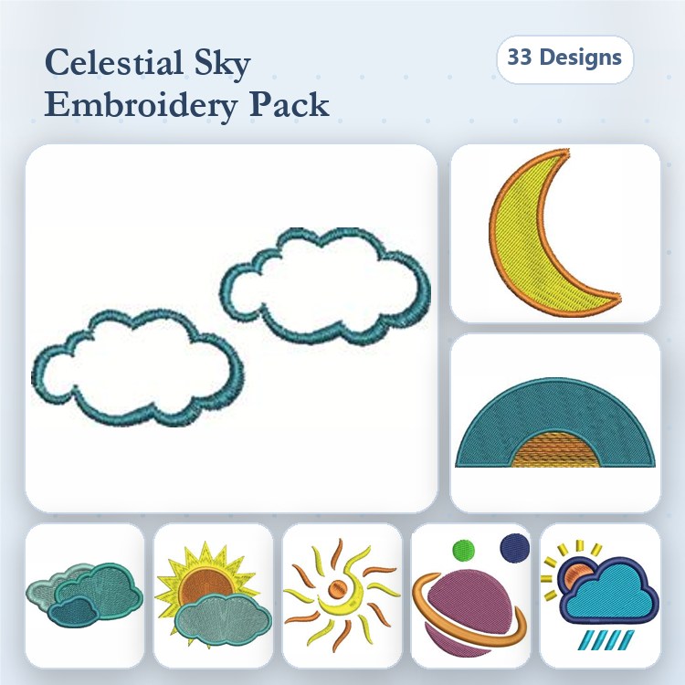 Celestial Sky Embroidery Designs Bundle – Cloud, Moon, Sun, Planet & More (33 Designs)