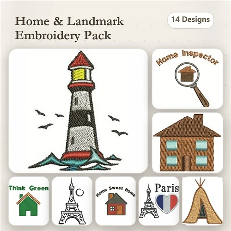 Home and Landmark Embroidery Designs Bundle – Lighthouse, Eiffel Tower, House & More (14 Designs)
