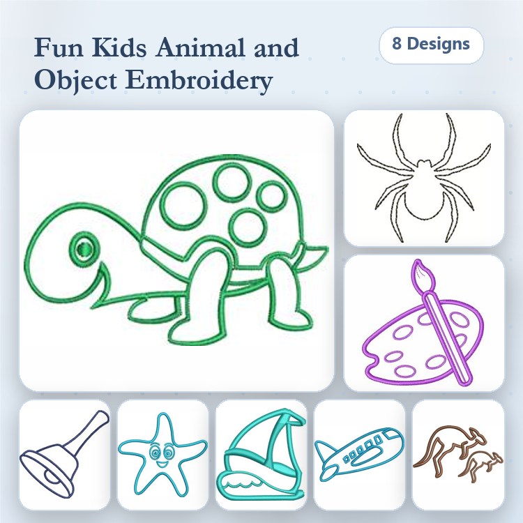 Redwork Kids Animals Embroidery Designs Bundle – Turtle, Spider, Paint Palette & More (8 Designs)