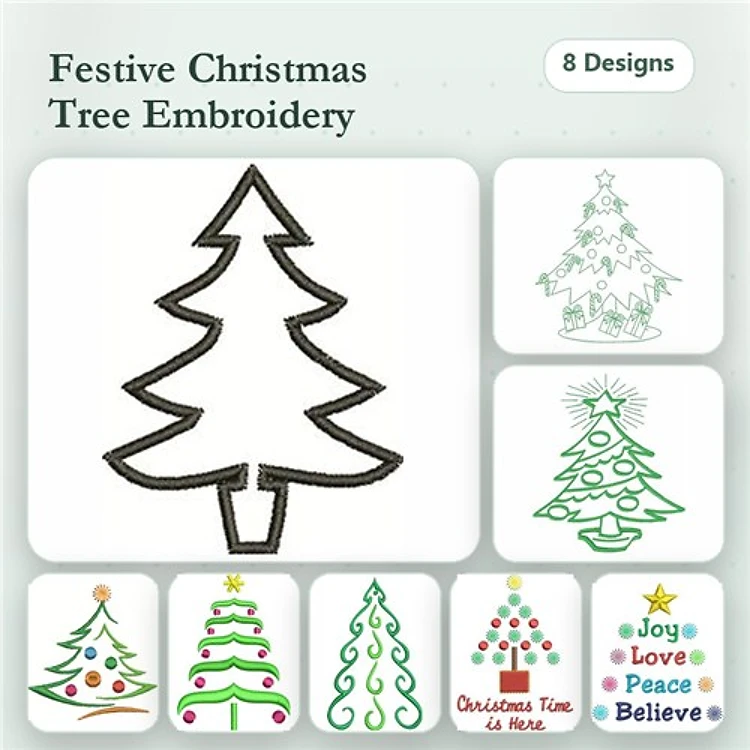 Redwork Christmas Trees Embroidery Bundle – Outlined, Decorative with Star, Spiral, & More (8 Designs)