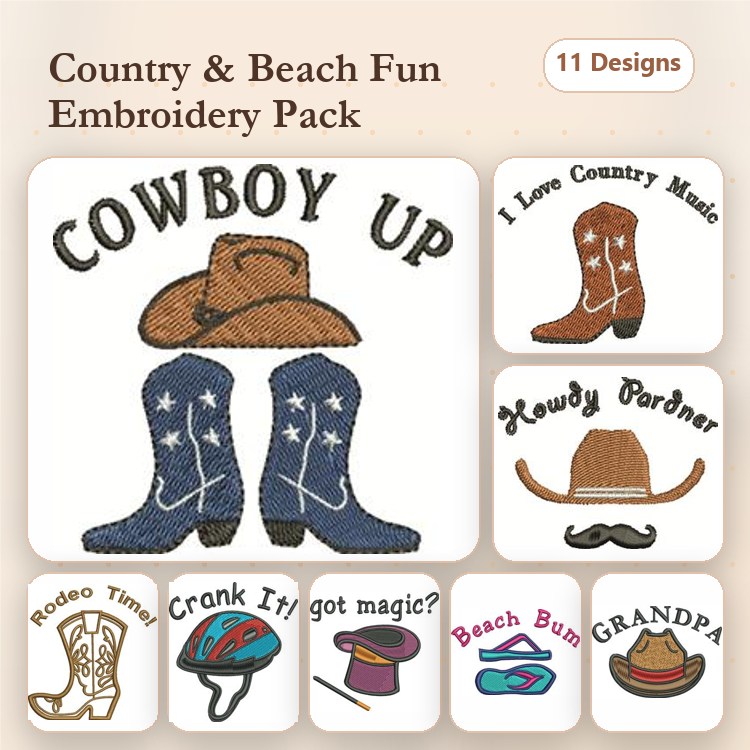 Country & Beach Fun Embroidery Designs Bundle – Cowboy Boots, Beach Hat, Howdy Pardner & More (11 Designs)