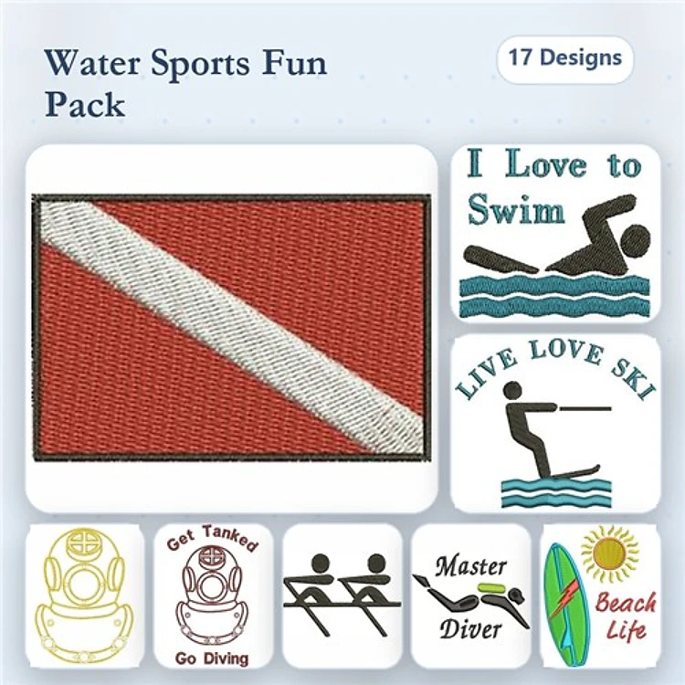 Water Sports Embroidery Designs Bundle – Diving Flag, I Love to Swim, Live Love Ski & More (17 Designs)