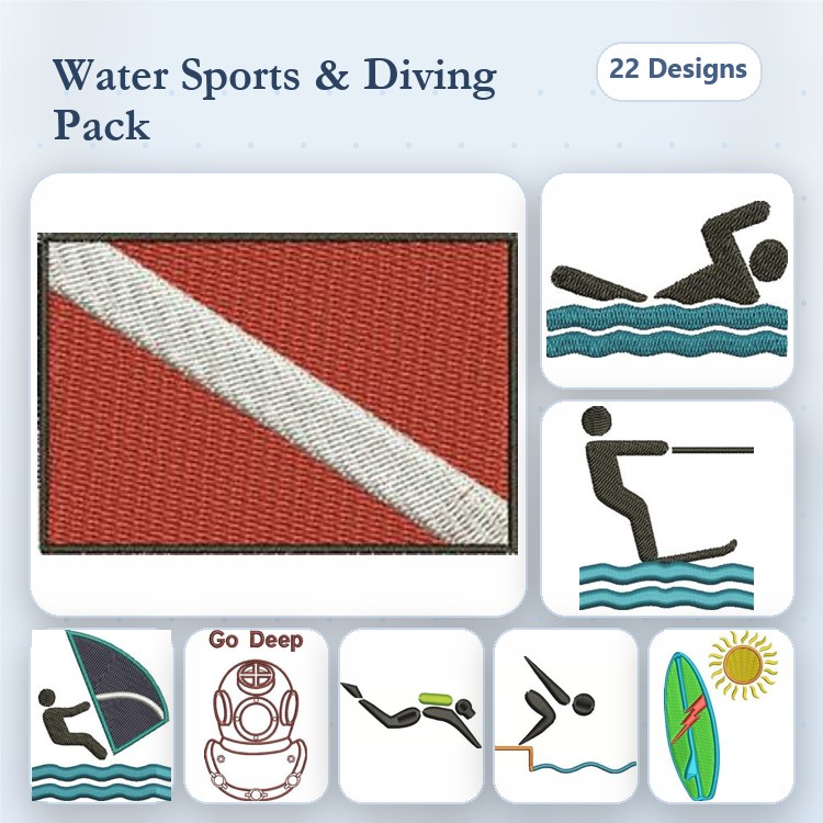 Water Sports and Diving Embroidery Designs Bundle – Diving Flag, Swimmer, Water Skier & More (22 Designs)