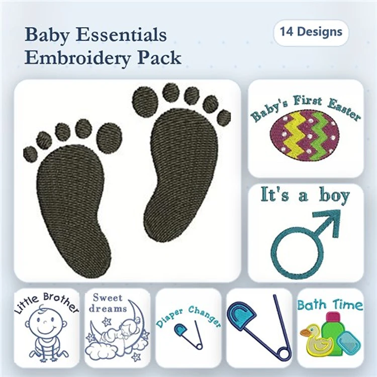 Baby-Themed Embroidery Designs Bundle – Baby Feet, It's a Boy Symbol, Sweet Dreams & More (14 Designs)