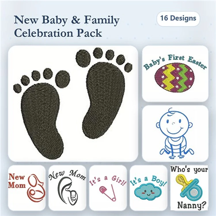 New Baby & Family Embroidery Bundle – Baby Feet, Baby's First Easter, It's a Girl & More (16 Designs)