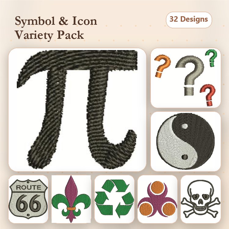 Symbols & Icons Embroidery Designs Bundle – Pi Symbol, Yin Yang, Route 66 Sign & More (32 Designs)
