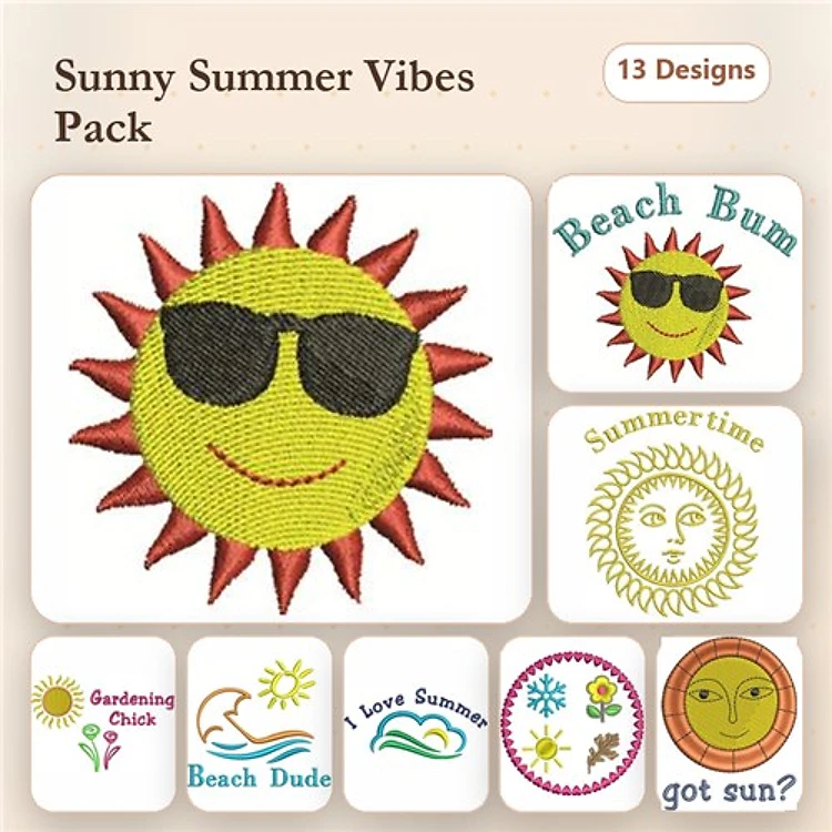 Summer Themed Embroidery Designs Bundle – Sun with Sunglasses, Beach Bum, Gardening Chick & More (13 Designs)