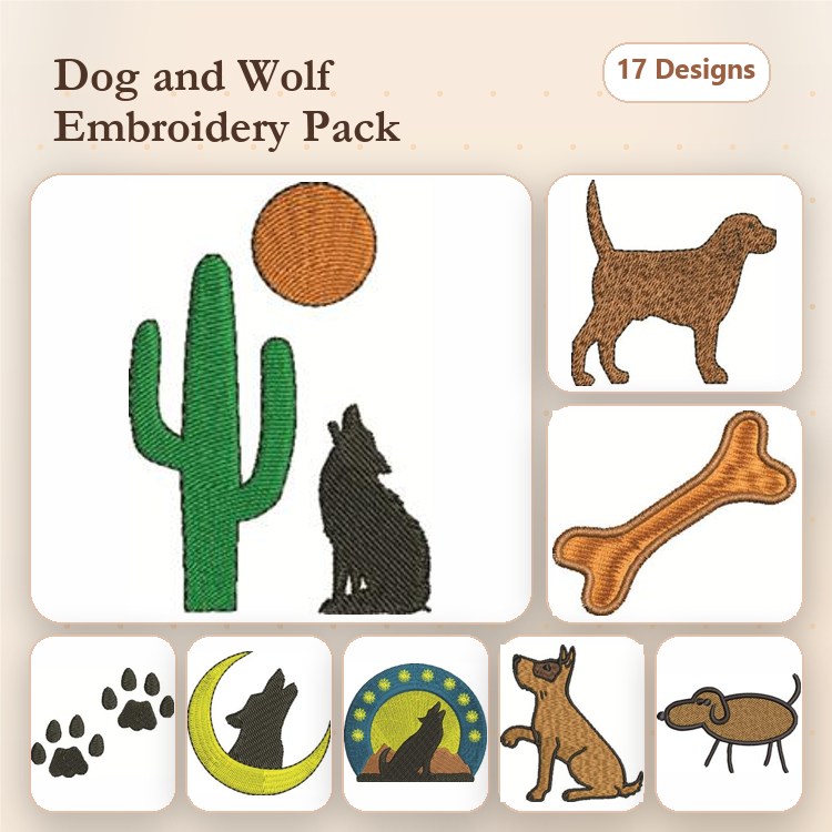 Dog & Wolf Embroidery Bundle – Pet Designs (17 Designs)