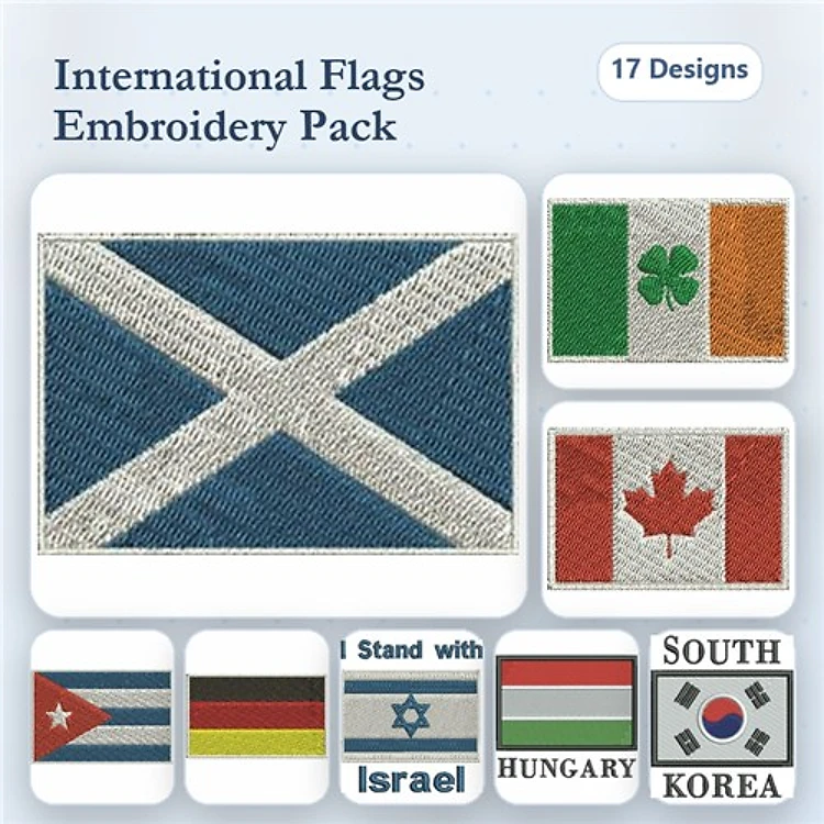 International Flags Embroidery Designs Bundle – Scotland, Ireland, Canada, Cuba & More (17 Designs)