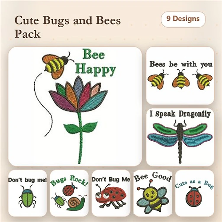 Cute Bugs & Bees Embroidery Designs Bundle – Bee Happy, Don't Bug Me, Ladybug & More (9 Designs)