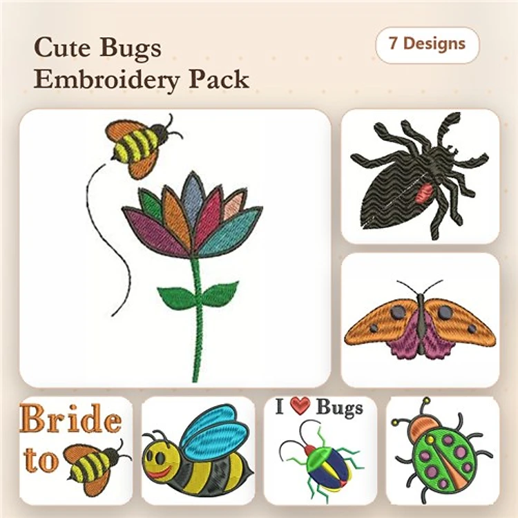 Cute Bugs Embroidery Designs Bundle – Bee with Flower, Ladybug, Butterfly & More (7 Designs)