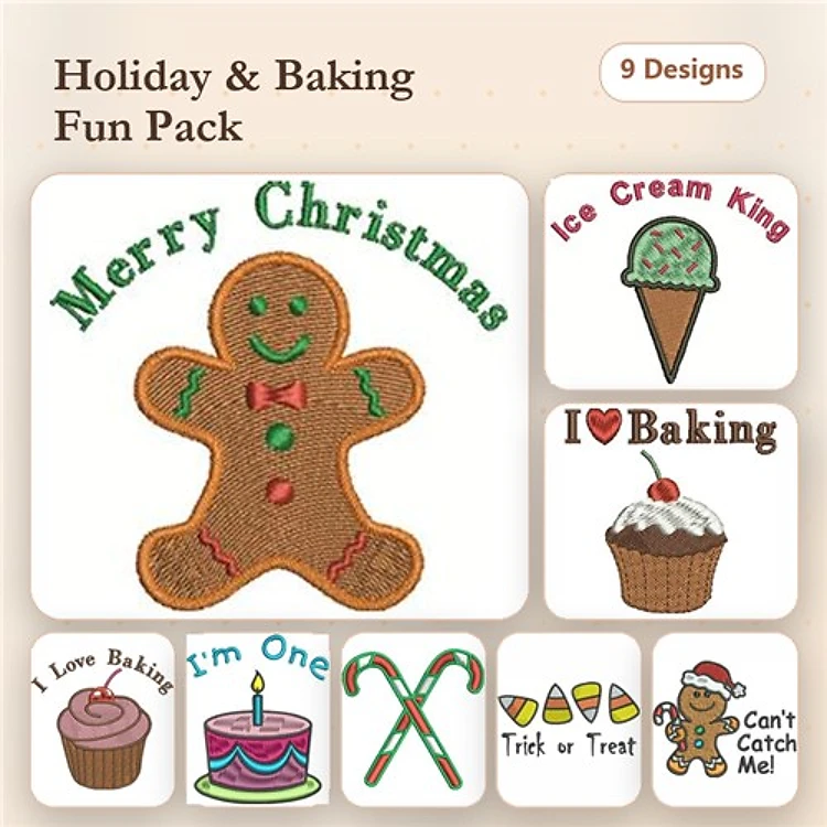 Holiday Baking Embroidery Designs Bundle – Gingerbread Man, Merry Christmas, Ice Cream King & More (9 Designs)