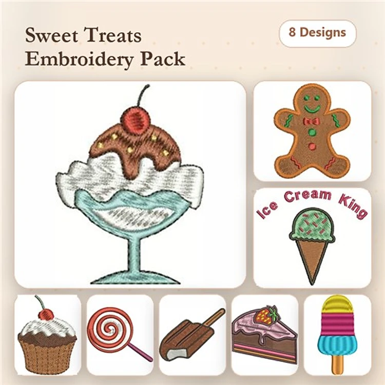 Sweet Treats Embroidery Designs Bundle – Ice Cream Sundae, Gingerbread Man, Cupcake with Cherry & More (8 Designs)