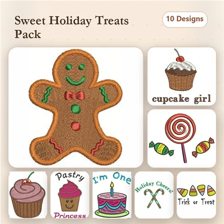 Sweet Holiday Treats Embroidery Designs Bundle – Gingerbread Man, Cupcake Girl, Lollipop & More (10 Designs)