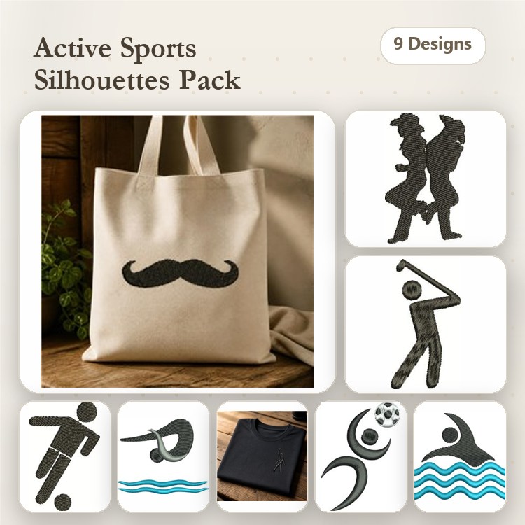 Active Sports Silhouettes Embroidery Designs Bundle – Soccer Player, Golfer, Dancer Couple & More (9 Designs)