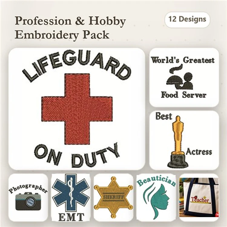 Professional & Hobby Embroidery Designs Bundle – Lifeguard on Duty, World's Greatest Food Server, Best Actress & More (12 Designs)