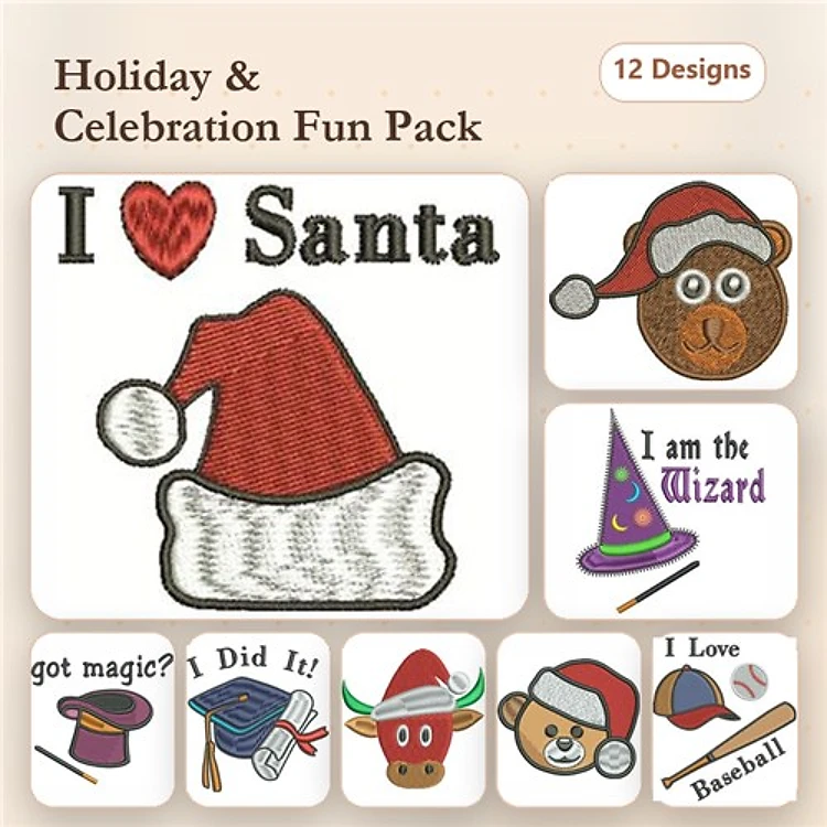 Holiday Celebration Embroidery Designs Bundle – Santa Hat, Bear with Santa Hat, Wizard Hat & More (12 Designs)