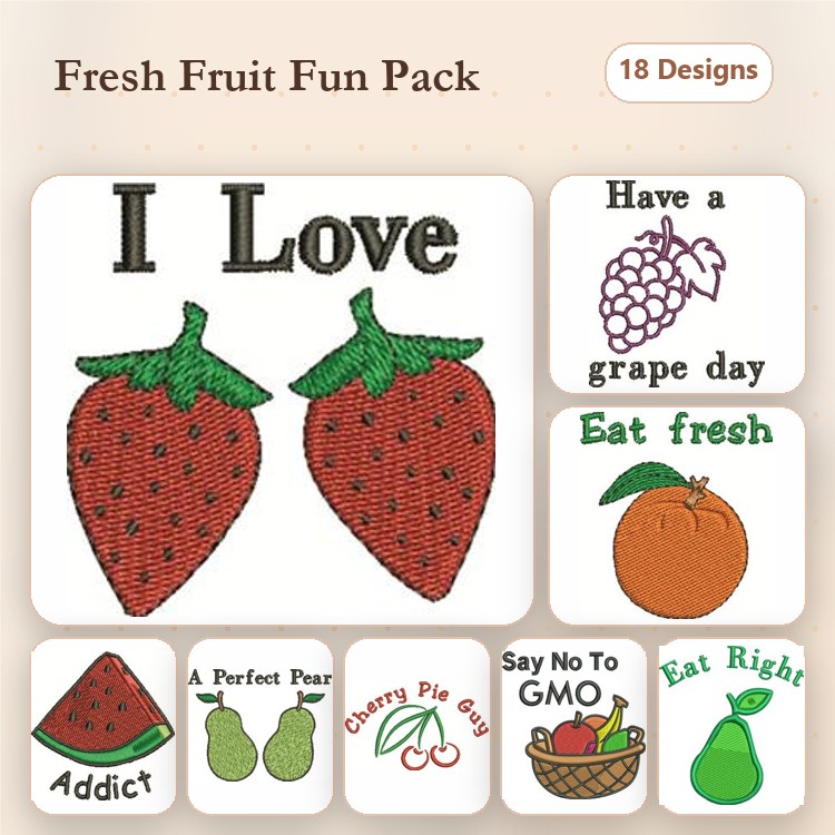 Fruit-Themed Embroidery Designs Bundle – Strawberries, Grapes, Orange & More (18 Designs)