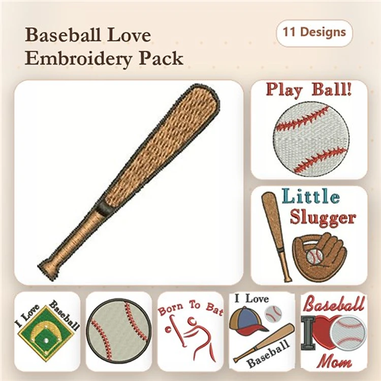 Baseball Embroidery Designs Bundle – Baseball Bat, Play Ball!, I Love Baseball & More (11 Designs)