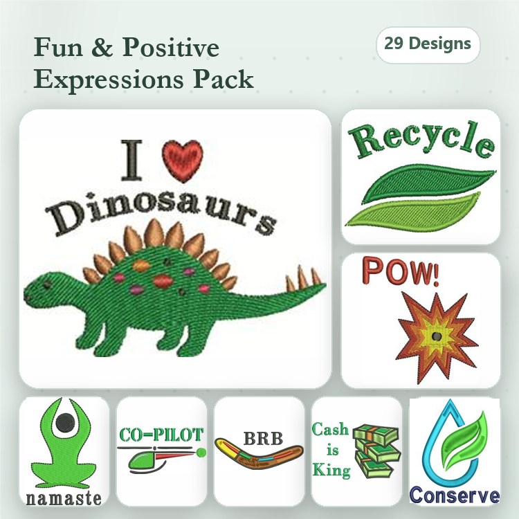 Fun Dinosaur Sayings Embroidery Designs Bundle – I Love Dinosaurs, POW!, Conserve Water & More (29 Designs)