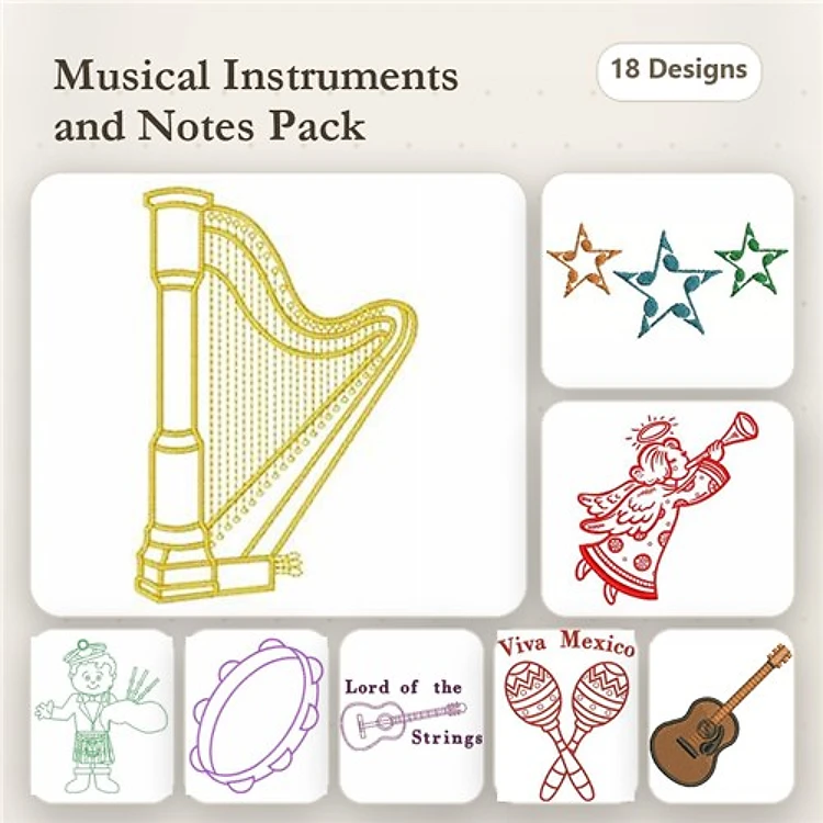 Musical Instruments Embroidery Designs Bundle – Harp, Trumpet Player, Guitar & More (18 Designs)