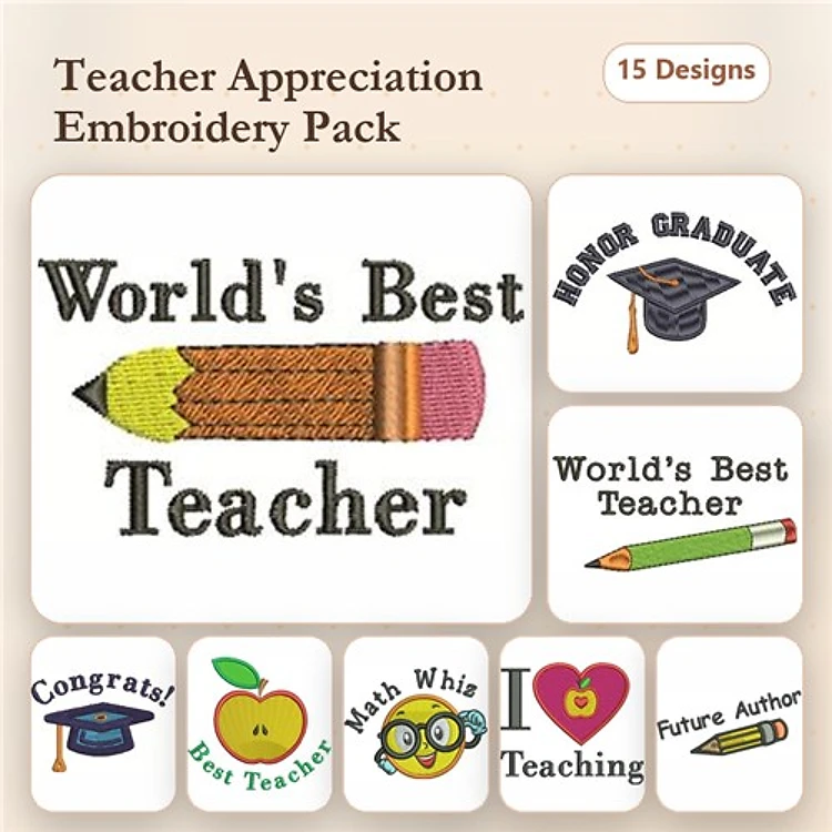 Teacher Appreciation Embroidery Designs Bundle – World's Best Teacher - Pencil, Graduation Cap, Apple & More (15 Designs)