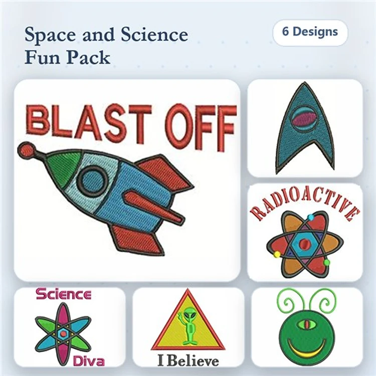 Space & Science Embroidery Bundle – Rocket Ship, Radioactive Symbol, Atom Icon & More (6 Designs)