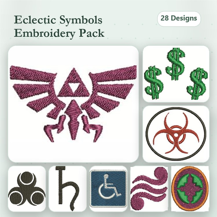 Eclectic Symbols Embroidery Designs Bundle – Triforce, Dollar Sign, Biohazard & More (28 Designs)