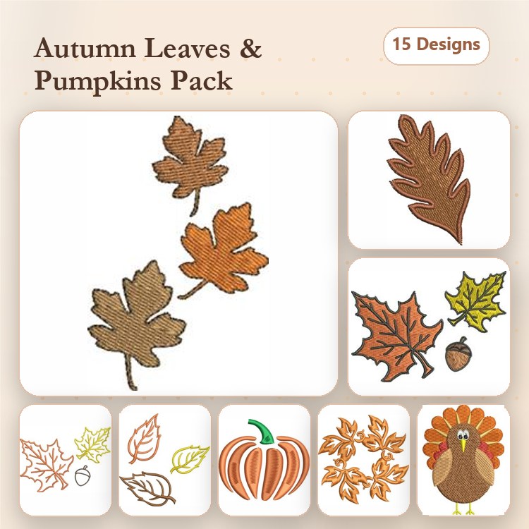 Autumn Leaves & Pumpkins Embroidery Designs Bundle – Maple Leaf, Oak Leaf, Acorn, Pumpkin & More (15 Designs)