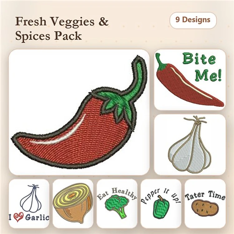Fresh Veggies & Spices Embroidery Designs Bundle – Chili Pepper, Garlic, Cabbage, Potato & More (9 Designs)