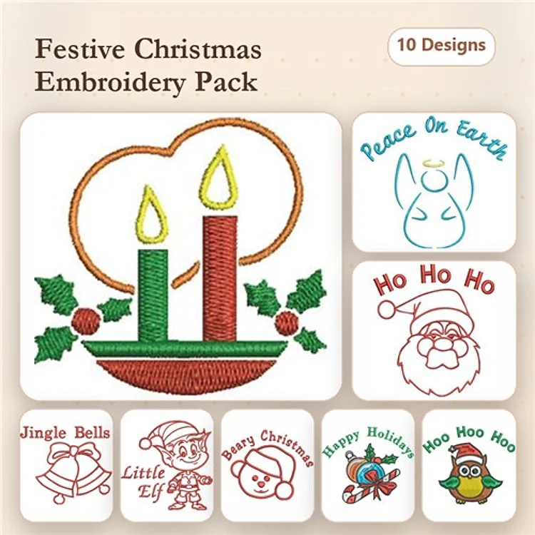 Christmas Themed Embroidery Designs Bundle – Candles with Holly, Santa Face, Little Elf & More (10 Designs)