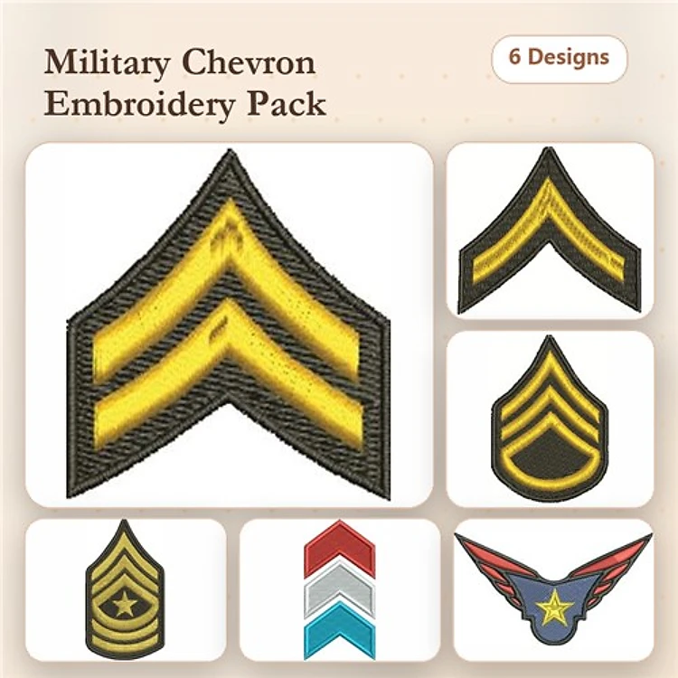 Military Chevron Badges Embroidery Bundle – Chevron Badge with Yellow Stripes, Sergeant Chevron, Decorative Chevron with Star & More (6 Designs)