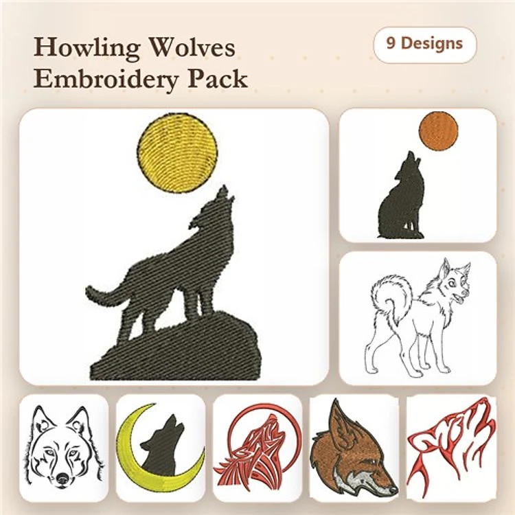 Wolf Embroidery Bundle – Howling and Silhouette Designs (9 Designs)