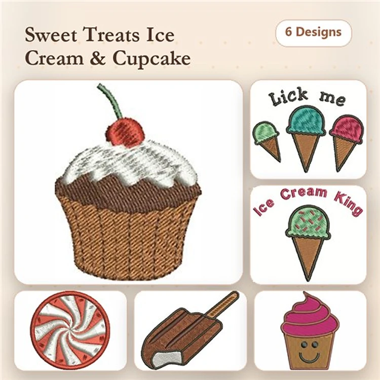 Sweet Treats Embroidery Designs Bundle – Cupcake with Cherry, Ice Cream Cone, Lollipop & More (6 Designs)