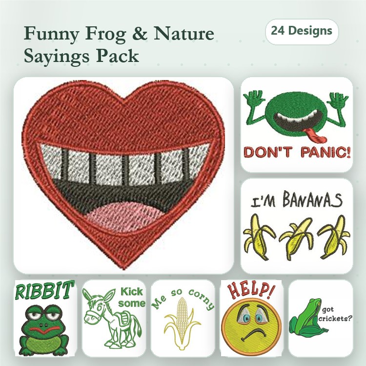 Funny Frog Humor Embroidery Designs Bundle – Heart with Teeth, Frog Face, Don’t Panic & More (24 Designs)