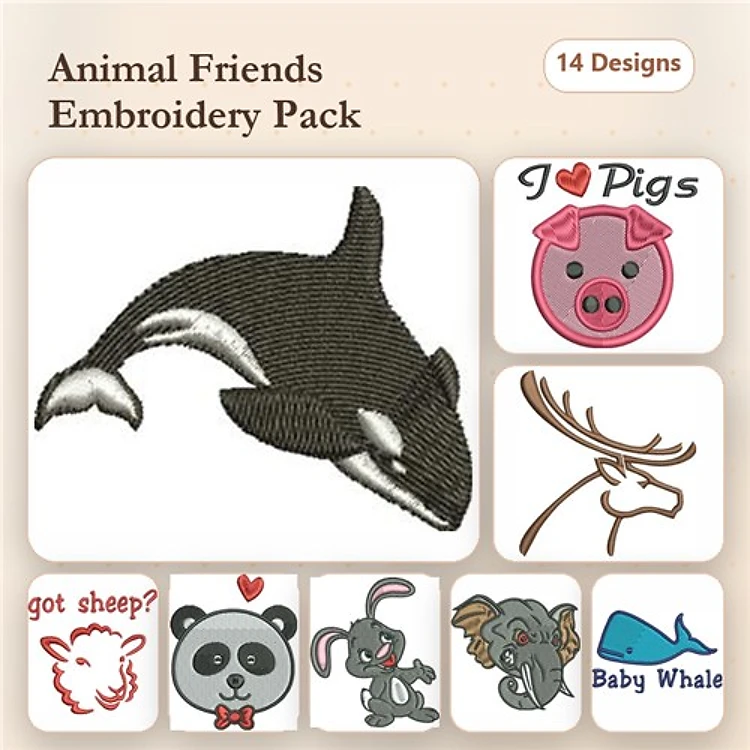 Animal Embroidery Bundle – Orca, Panda, I Love Pigs & More (14 Designs)