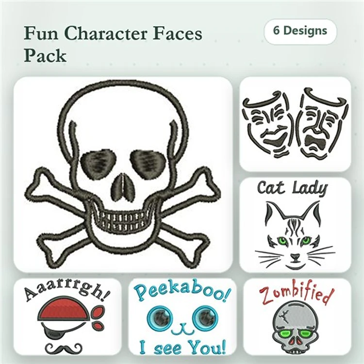 Fun Character Faces Embroidery Bundle – Skull and Crossbones, Pirate Face, Cat Lady & More (6 Designs)