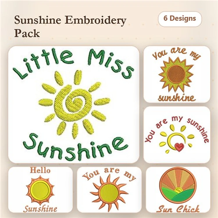 Sunshine-Themed Embroidery Designs Bundle – Little Miss Sunshine, You Are My Sunshine, Hello Sunshine & More (6 Designs)