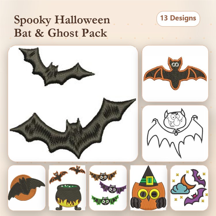 Halloween Bats & Ghosts Embroidery Designs Bundle – Bat with Spread Wings, Ghost with Big Eyes, Owl with Hat & More (13 Designs)