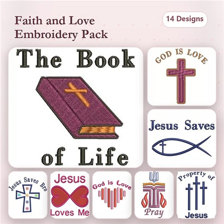 Faith & Love Embroidery Bundle – The Book of Life, God is Love Cross, Jesus Saves & More (14 Designs)