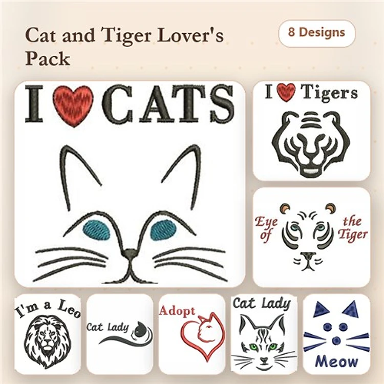Cats & Tigers Embroidery Designs Bundle – I Love Cats, Eye of the Tiger, Cat Lady & More (8 Designs)