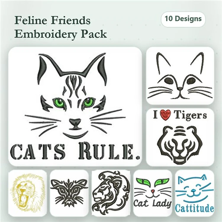 Cat Face & Feline Embroidery Designs Bundle – Cat Face with Green Eyes, I Love Tigers, Tiger Face & More (10 Designs)