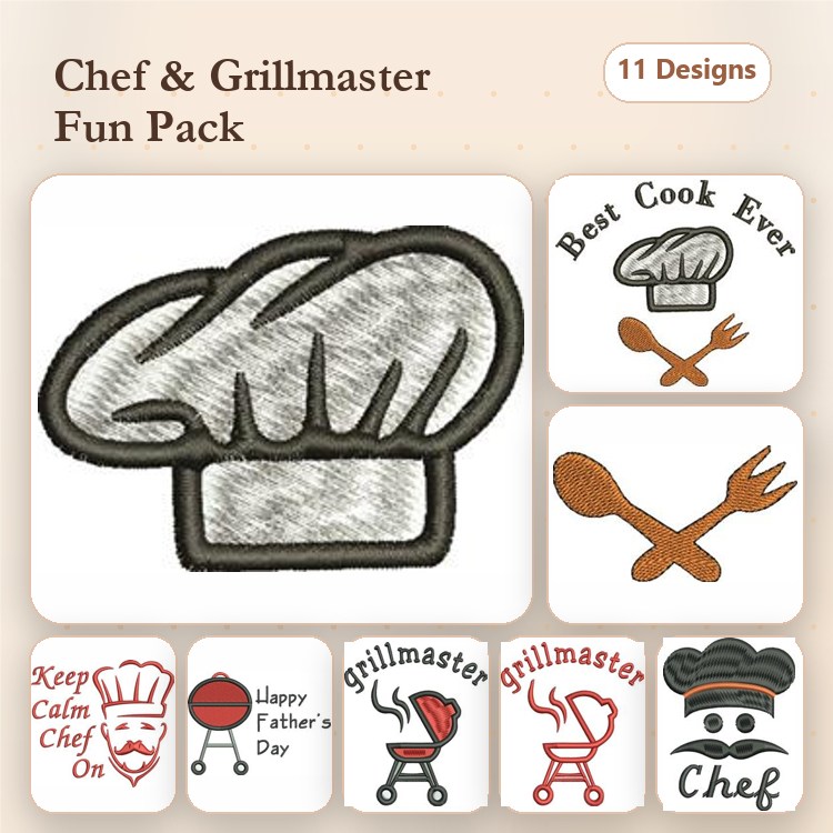 Chef & Grillmaster Embroidery Bundle – Chef Hat, Best Cook Ever, Grill Tools & More (11 Designs)