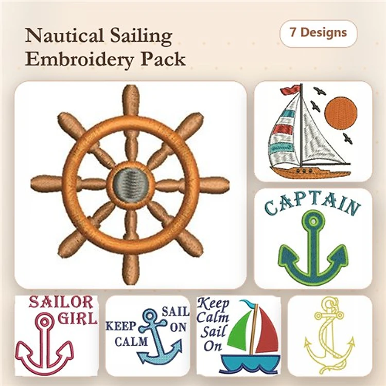 Nautical Embroidery Designs Bundle – Ship's Wheel, Sailboat, Captain Text & More (7 Designs)
