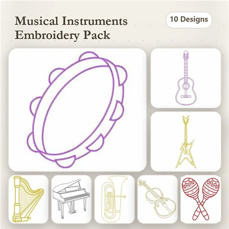 Redwork Musical Instruments Embroidery Designs Bundle – Guitar, Tambourine, Piano & More (10 Designs)