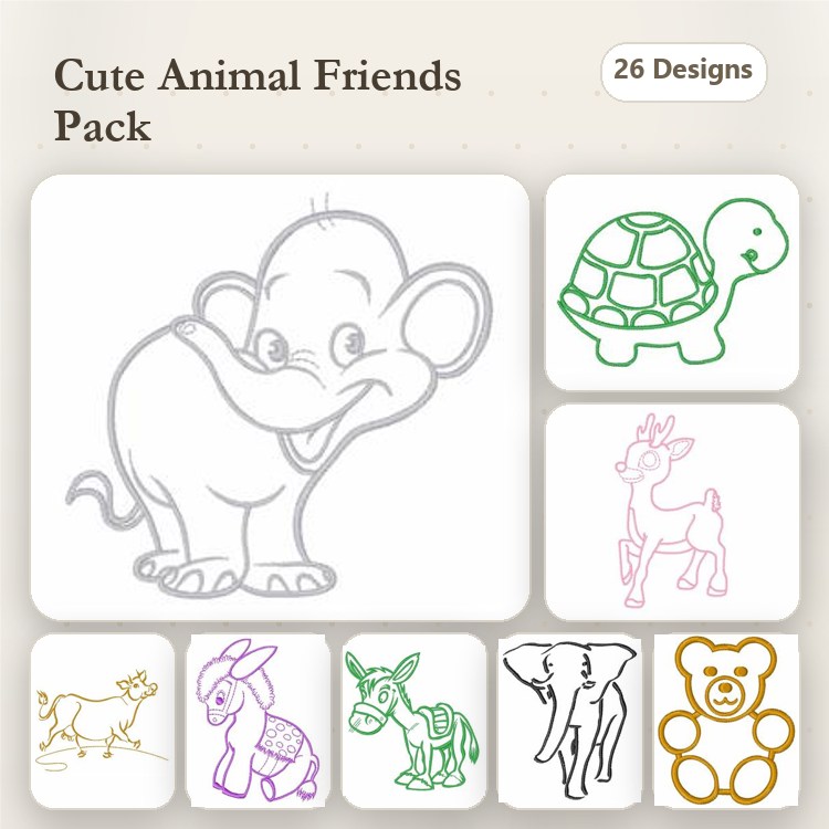 Redwork Cute Animal Embroidery Bundle – Elephant, Turtle, Deer & More (26 Designs)